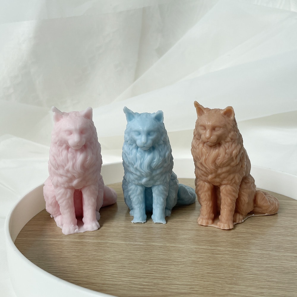 Maine Cat Candle Silicone Mold Animal Decoration Gypsum Aromatherapy Sitting Big Tail Cat Mold 8611 - candle mold - 5