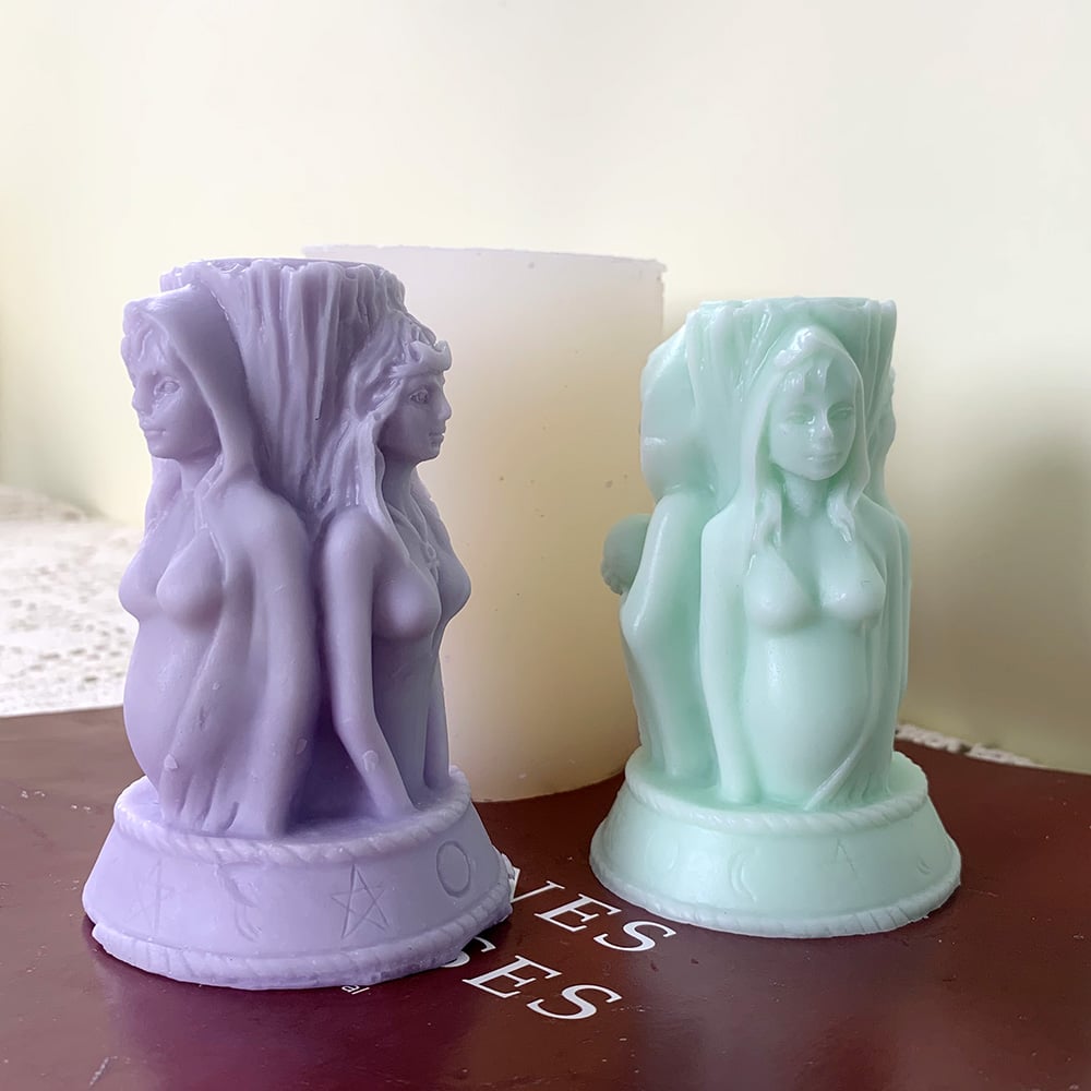 Three Goddess Statue Candle Mold Half Body Statue Three Sided Design Girl Pregnant Woman Old Woman Cylindrical Silicone Mold 8560