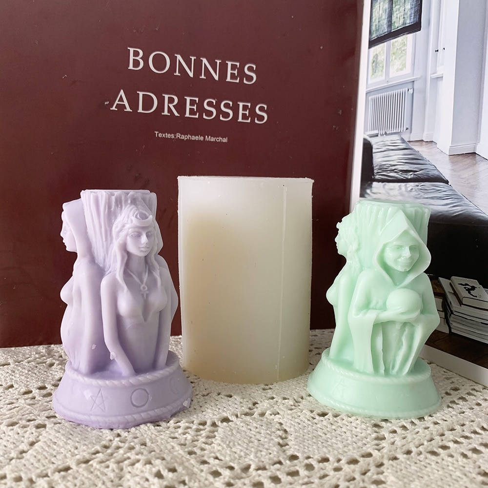 Three Goddess Statue Candle Mold Half Body Statue Three Sided Design Girl Pregnant Woman Old Woman Cylindrical Silicone Mold 8560